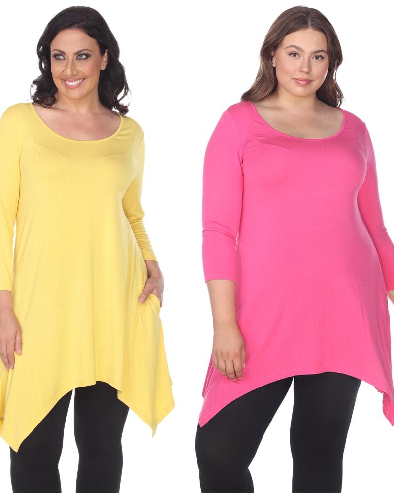 Front of a model wearing a size 1X Essential Light Makayla 2-Pack Tunic Top in Yellow Fuchsia by White Mark. | dia_product_style_image_id:250257